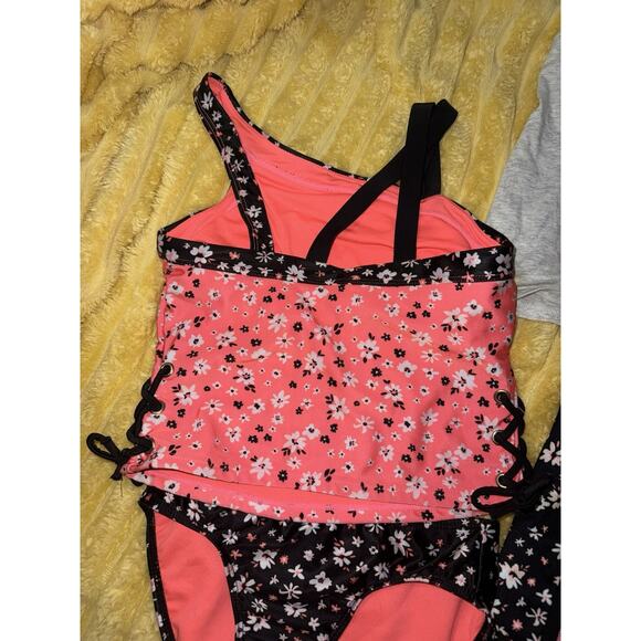 Justice 4 Piece Girls, Outfit, Swimsuit, Tankini Shorts Tank Floral Orange 10 - Picture 5 of 8